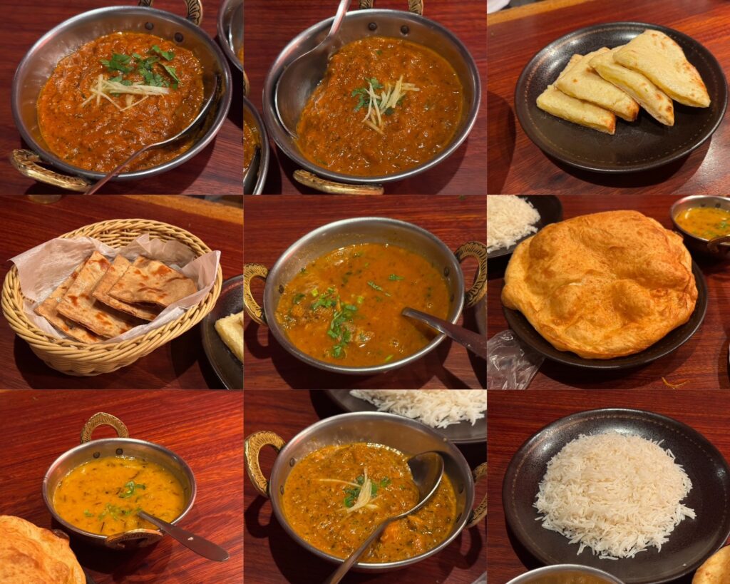 後半はカレーです。炭水化物系はチーズナン（右上）、ロティ（中左）、バトゥーラ（中左）、バスマティライス（右下）といろいろ。