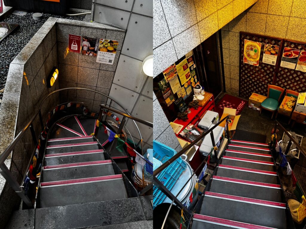 地下にあるお店に降りる階段です。急なので注意。