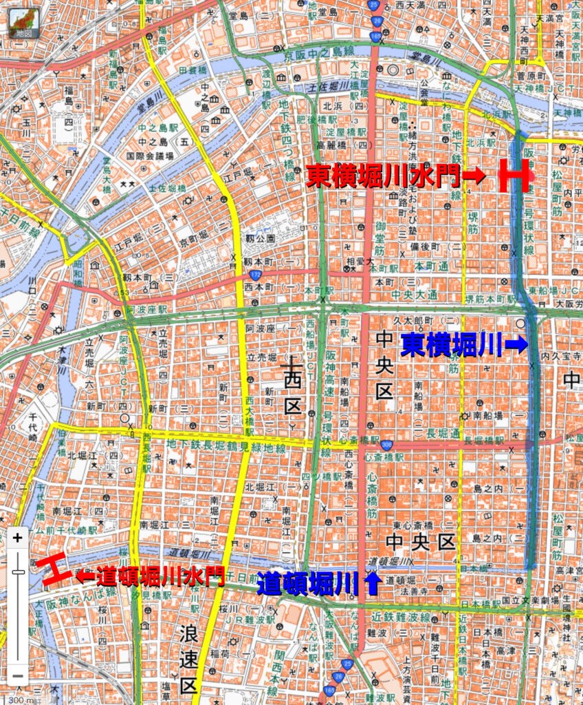 東横堀川と東横堀川水門の場所（国土地理院地図より）