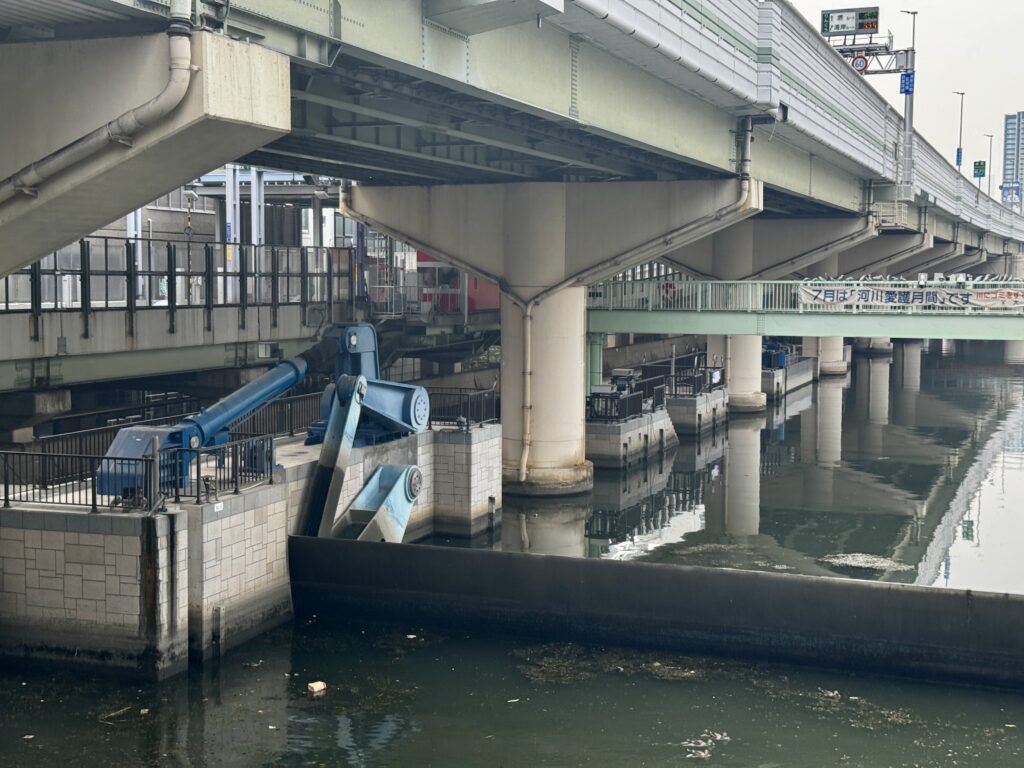 ラジアルゲートを川の外側から見たところ。力がいるため、大きな駆動アームを持っています。